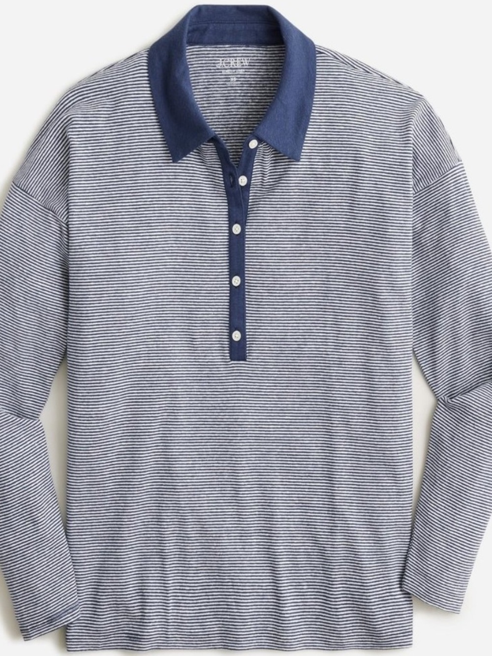 J.Crew Relaxed Stretch Linen Blend Striped Polo Shirt Navy White L - Picture 3 of 8
